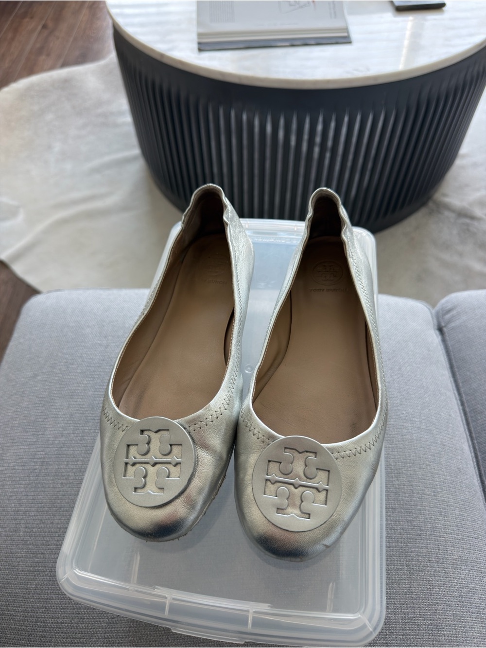 Tory Burch Metallic Silver Logo Ballet Flats